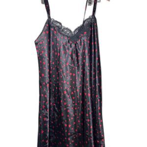 Morgan Taylor Intimates Black Slip Dress Satin Heart Print Sz XL Valentines Date